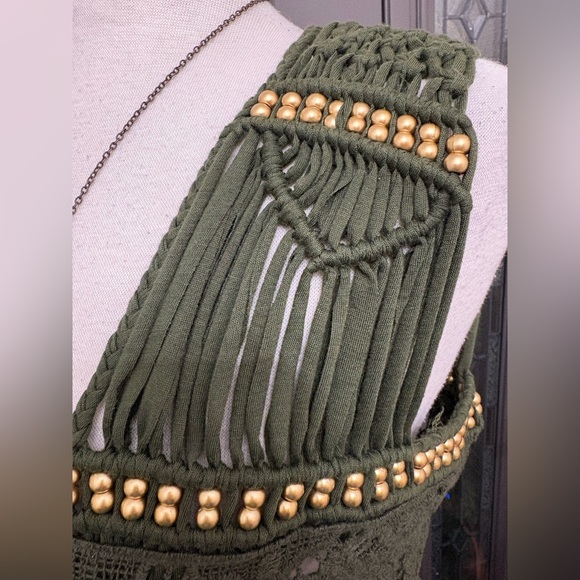 U-style Olive Green Macrame Crochet Gold Tone Beaded Festival Ready Cropped Vest - Picture 4 of 8